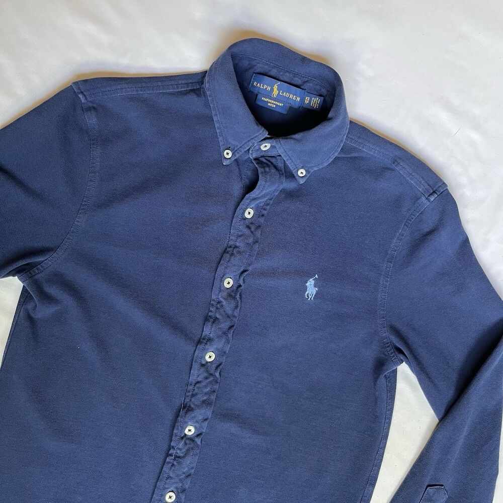 Ralph Lauren Featherweight Mesh Shirt Mens Navy Blue Button Pony Size XS